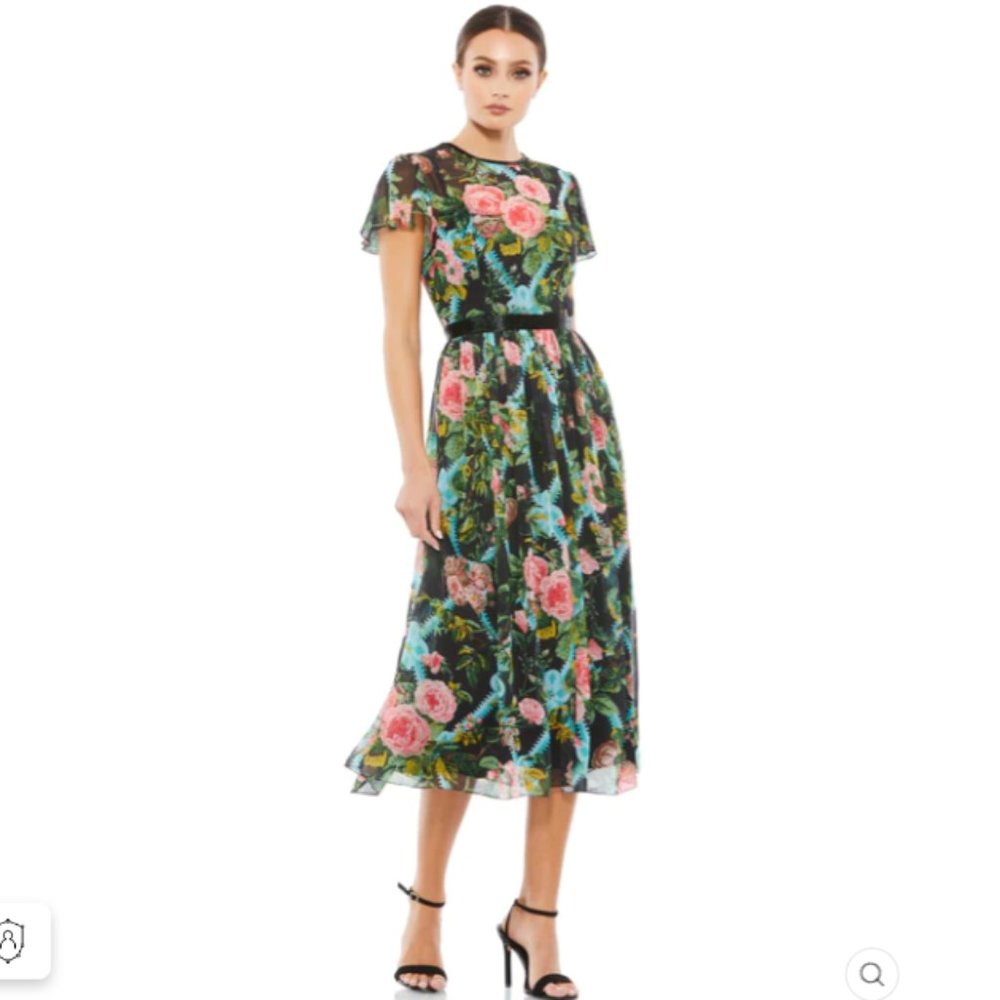 FLORAL ILLUSION CAP SLEEVE MIDI DRESS Size 18 COLOR — Black Multi New With Tags